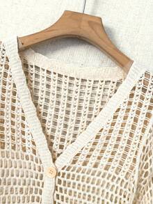 Bohemian Style V-Neck Plaid Hollow Out Ruffle Hem Cover Up - Summer Flare Sleeve Loose Sun Protection Shawl - Apricot - View 6