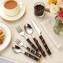 2/4/12pcs Natural Bamboo Handle Stainless Steel Flatware Set, 4-Piece Knife Fork Spoon Set, Stainless Steel, Non-Slip Grip, Suitable For Various Occasions, Vintage Bamboo Knot Design, Elevates Dining Experience - Multicolor - View 11