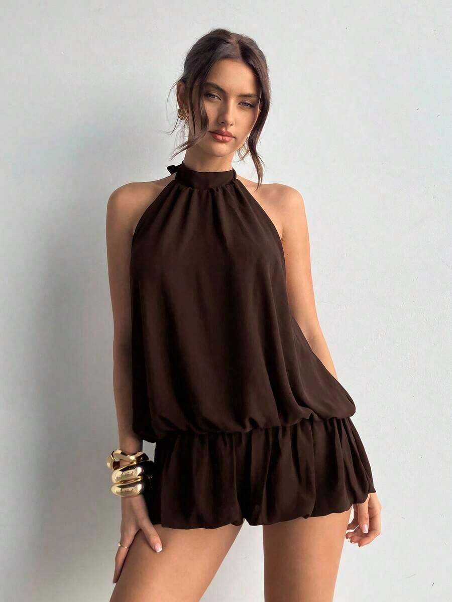 Women's Casual Summer Dress With Halter Neck, Solid Color And Ruffles At The Hem - Maroon - View 1