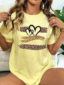 Camiseta de mujer de verano con cuello redondo, manga corta, estampado vintage de leopardo con diseño de corazón, para uso diario - Amarillo - Ver 3