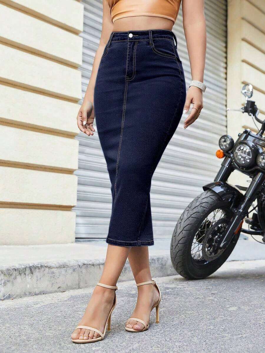 Falda vaquera de talle medio con abertura lateral y bolsillo, de unicolor y elegante, de longitud media, adecuada para uso casual diario en primavera - Color original del tanino - Ver 1