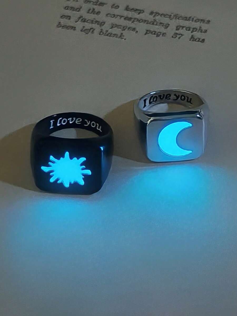 ATLVXJL 2er/Set leuchtende Paar-Freundschafts-Familien-Ringe in Sonne- und Mondform, breite Ringbänder, lässiger Schmuck für den täglichen Gebrauch und als Urlaubsgeschenk - Verschiedenfarbig - Übersicht 1