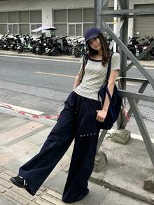 Yorily 韓式慵懶條紋不對稱露肩短袖T恤，修身版型，輕量聚酯纖維，冷肩綁帶蝴蝶結，夏季休閒基礎上衣 - 條紋 - 查看 8