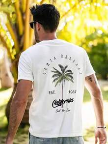 Vintage Coastal | Neues kurzärmeliges Herren-Sommer-T-Shirt mit Rundhalsausschnitt, Kokosnussbaum- und Schriftzugmuster, lässige Urlaubskleidung, Sommeroberteil - Weiss - Übersicht 6