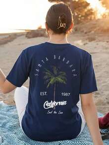 Compatible With Women's Holiday-Style Short-Sleeved T-Shirts, With Round Neck, Palm Tree Print And Lettering, In White, Pink And Black For Summer. - Navy Blue - View 5