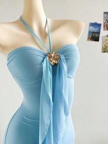 2026 Women's Romantic Gradient Mesh Knit Holiday Dress With Halter Neck, Bow And Decorative Metal Buckle, Mermaid Cut, Suitable For Parties, Dates, Afternoon Tea, Sexy And Elegant - 灰色 - 查看 4