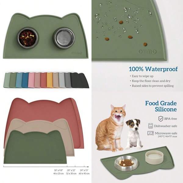 Cat Food Mat Silicone Pet Feeding Mat For Floor Non-Skid Waterproof Dog Water Bowl Tray Easy To Clean Pet Placemat Camo Green 18 * 9.8