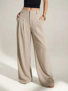 Tall Pantalones anchos de cintura alta plisados de estilo empresarial sexy y casual - Pantalones sueltos de unicolor elegante, ropa profesional de oficina, pantalones de trabajo con corte elegante para mujeres - Albaricoque - Ver 1