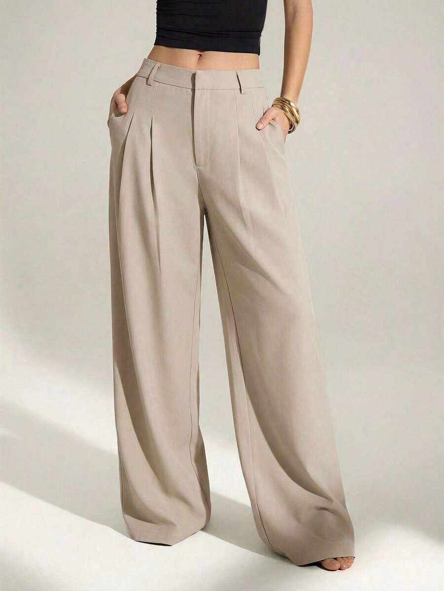 Tall Pantalones anchos de cintura alta plisados de estilo empresarial sexy y casual - Pantalones sueltos de unicolor elegante, ropa profesional de oficina, pantalones de trabajo con corte elegante para mujeres - Albaricoque - Ver 1