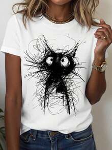 Camiseta Divertida con Gato de Ojos Grandes, Playera de Mujer con Diseño de Líneas Caóticas y Estilo Juguetón, Top Casual para Salir y Conectar con Otros - Blanco - Ver 1