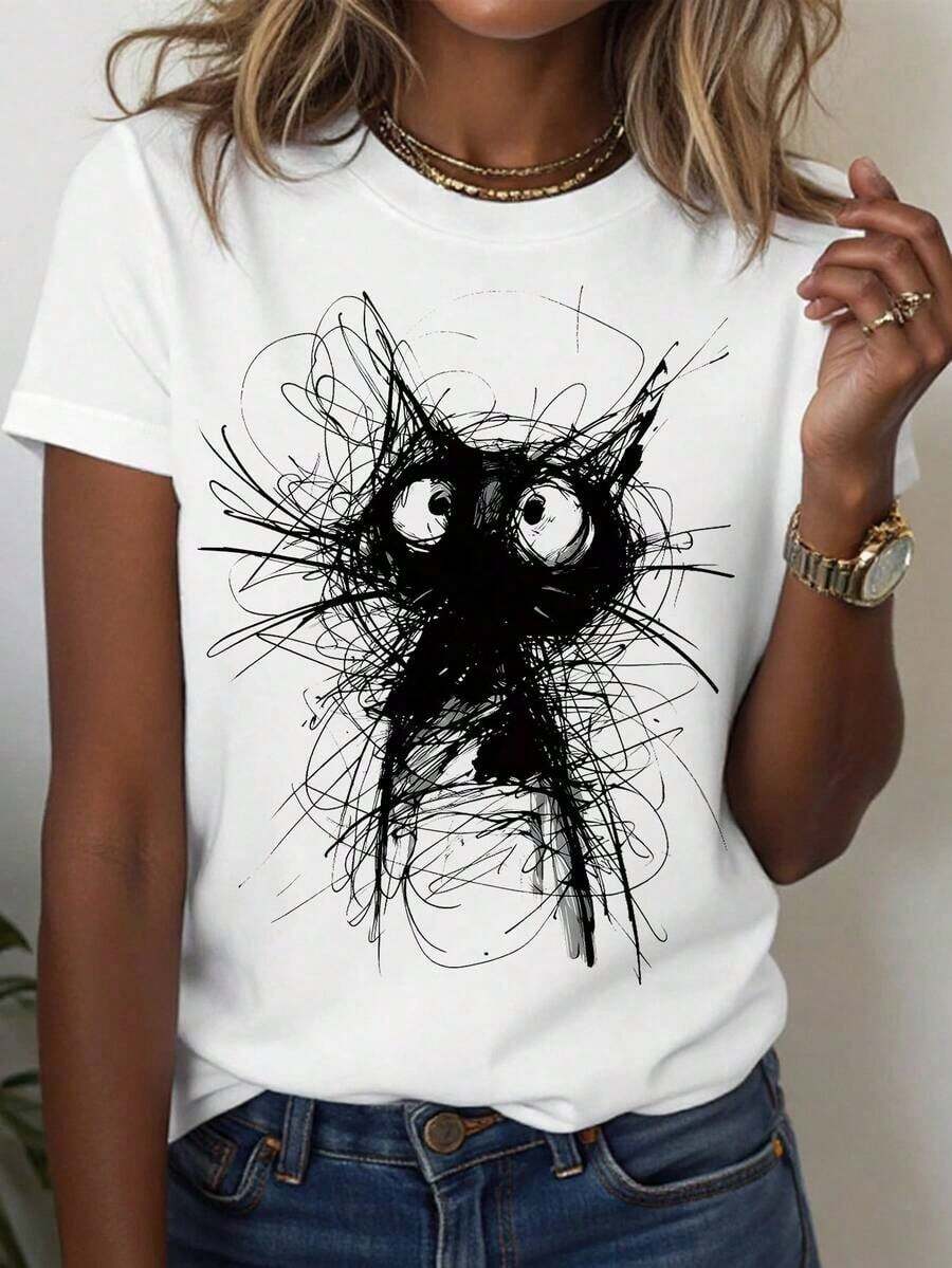 Camiseta Divertida con Gato de Ojos Grandes, Playera de Mujer con Diseño de Líneas Caóticas y Estilo Juguetón, Top Casual para Salir y Conectar con Otros - Blanco - Ver 1