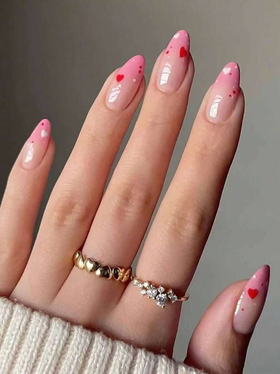 24 miếng dán móng tay hình trái tim chấm bi đỏ hồng gradient dáng hạnh nhân (kích thước vừa và dài) + 1 gel dán móng + 1 dụng cụ mài móng - Nhiều màu - Xem 1