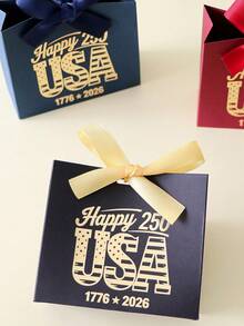 250th Independence Day Happy USA Foil Gift Bag, American National Day Party Souvenir Box, July 4th Holiday Decor Red Blue White Paper Bag, Summer Celebration Favor Packaging With Bow Design, Patriotic Metallic Feel Party Supplies - View 3