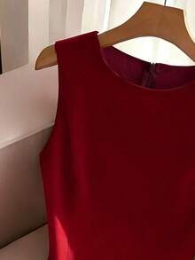 Vestido elegante sin mangas estilo francés, vestido con decoración de lazo rojo, adecuado para salidas diarias, citas, vacaciones - Rojo - Ver 6