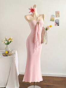 2026 Women's Romantic Gradient Mesh Knit Holiday Dress With Halter Neck, Bow And Decorative Metal Buckle, Mermaid Cut, Suitable For Parties, Dates, Afternoon Tea, Sexy And Elegant - 綠色 - 查看 7