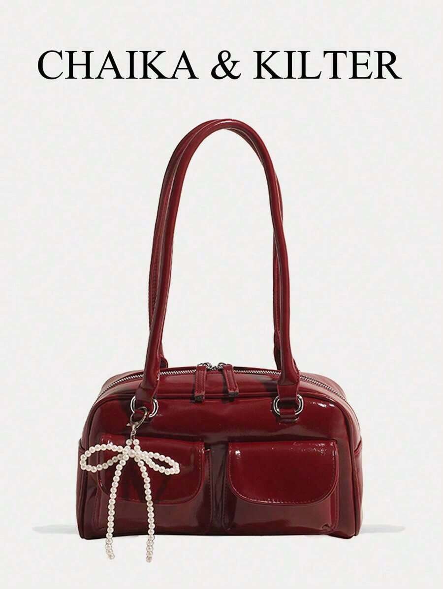 1pc CHAIKA & KILTER Women Solid Glossy PU Leather Shoulder Bag, Fashion Multi-Pocket Large Capacity Bowling Bag With Zipper Closure, Suitable Daily And Outdoor Use (Comes With Pendant), Fashionable Bow Purse Women, Street & Japanese Bag Women , Y2k - 粉色 - 查看 1