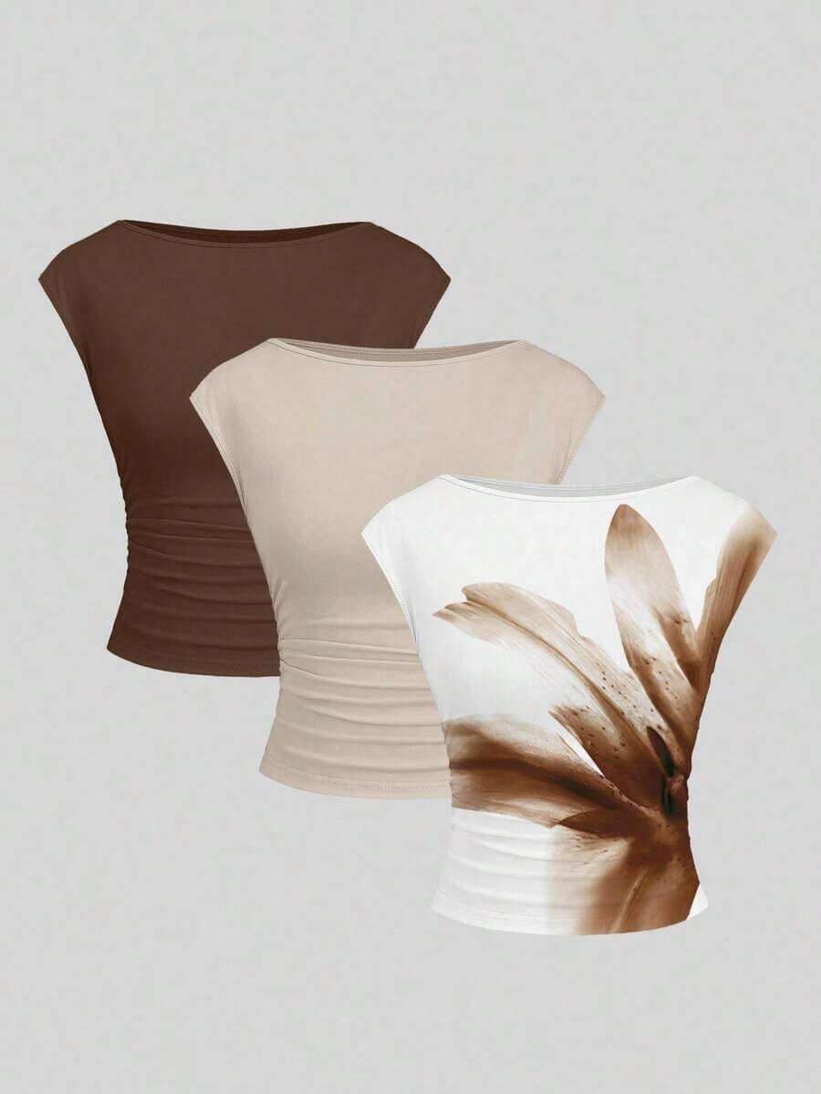 Set de 3 blusas/camisetas ajustadas para mujer con espalda descubierta, transpirables y de secado rápido - Multicolor 3 - Ver 1