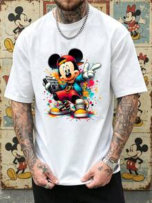 Disney Men's 90s Hip Hop Mickey Mouse Graphic T-Shirt, Crew Neck Short Sleeve Casual Tee, Retro Boombox Graffiti Print Streetwear Top For Men - trắng - Xem 2