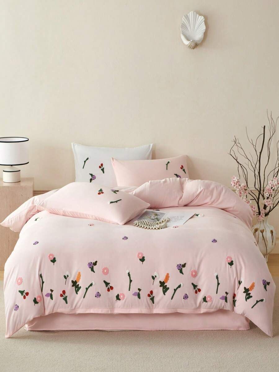 精緻花卉刺繡床寢套組,柔軟親膚面料,3件組 1件被套 + 2件枕套(不含填充物),打造浪漫臥室氛圍,適用單人、雙人、加大床 - 淺粉色 - 查看 1