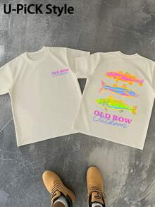 1pc 2026 Summer 100% Cotton Graphic Tee OLDROW Outdoors Colorful Fish Trio Humorous Graphic T Shirt Crew Neck All Season Casual Sports TeeFather's Day - 杏色 - 查看 7
