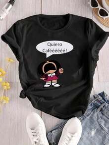 1 pcs1 pieza Camiseta gráfica con personaje de dibujos animados, cuello redondo casual, longitud regular, tejido de punto de 180g/m², camiseta de  para todas las temporadas, moda de verano blanca180g 100% Cotton - Negro - Ver 11