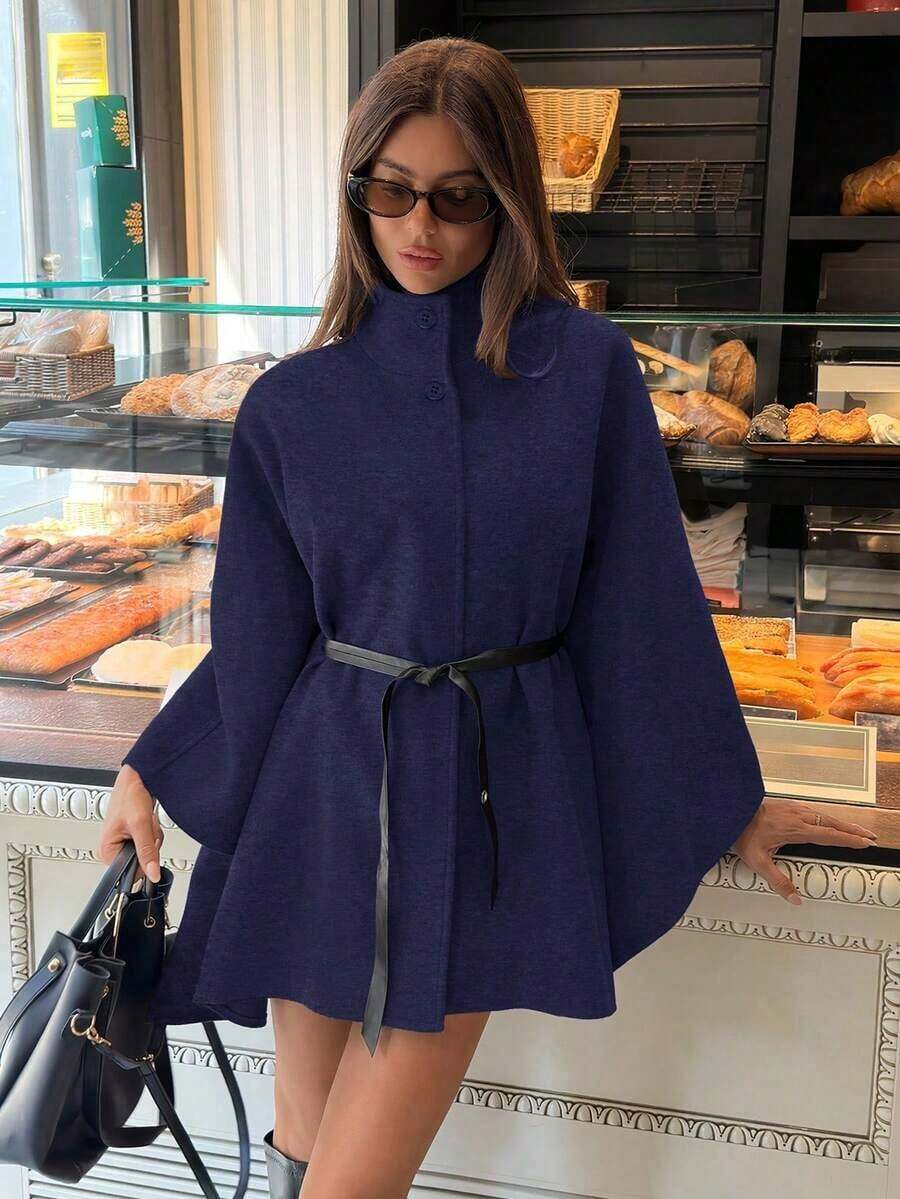 Abrigo de lana con cuello alto, mangas de murciélago, cintura ceñida para mujer en otoño/invierno - Azul marino - Ver 1