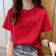 Camiseta de manga corta para mujer, camisa coreana con cuello redondo, tops estampados - H501-rojo - Ver 5