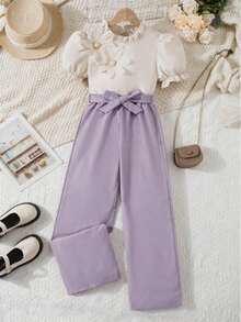 2pcs/Set Girls 3D Floral Print Short Sleeve Top And Straight Leg Pants With Belt, Casual Fashion - Lilac Purple - View 2
