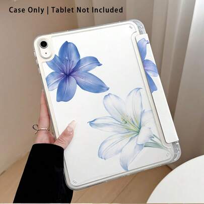 Ốp bảo vệ máy tính bảng bằng acrylic trong suốt có chân đế, họa tiết hoa ly xanh trắng, tương thích với Samsung A9/A9+/S9/S9FE/A11/A11+/S11/S10 FE/S10 FE+/S10 Lite, Apple Air 5/6, Honor, Matepad và các dòng máy phổ biến khác. Có thể gập lại, các góc được gia cố bằng silicon, chức năng tự động bật/tắt màn hình, khe cắm bút tích hợp, chân đế điều chỉnh nhiều góc độ - Bảo vệ hoàn hảo hàng ngày, món quà lý tưởng.