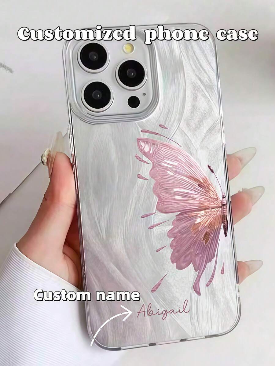 1件 [客製化] DIY手機殼，個性化DIY設計客製化蝴蝶字體姓名手機殼，永恆且時尚。一款永恆的客製化手機殼。適用於、Galaxy及其他手機機型，TPU防摔防指紋全包覆，理想禮物 - 銀色 - 查看 1