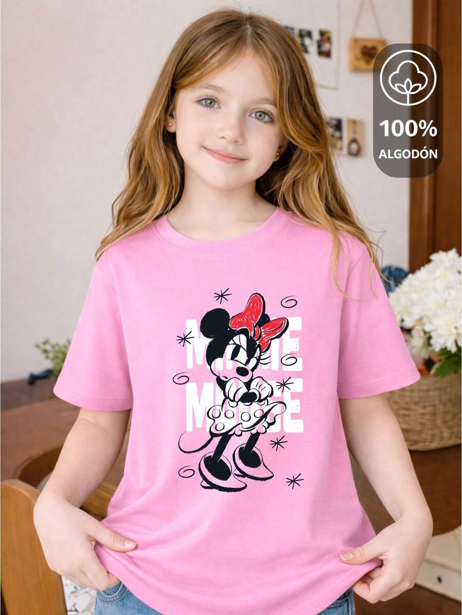 Playera para Niña 100% algodón de excelente calidad, esta playera garantiza una suavidad excepcional al tacto, cuello redondo con estampado "Minnie Mouse: Sketch Style" manga corta DISNEY KIDS OFFICIAL MERCHANDISE COLLECTION - Rosa - Ver 1