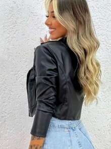 Premium Faux Leather Motorcycle Jacket With Asymmetrical Zipper, Impeccable Finish, Short, Fitted Jacket, Modern And Elegant Biker Style, High-Quality Faux Leather Jacket With Structured Collar, Metal Buttons, Front Zipper Detail, Powerful Look, Versatile Jacket For Day And Night, Perfect Fit, Silhouette-Flavoring Design, Stylish Jacket For Cold Weather, Lightweight And Comfortable, Fashionable, Casual And Chic Women's Jacket, Winter And Autumn Fashion, Sophisticated Urban Look, Jacket With Functional Pocket, Exclusive Design, Black, Brown And Caramel Jacket, Sizes S, M, L, XL, Soft, Durable Leather Jacket, Doesn't Peel, Blogger/Influencer Look, European Style, Wardrobe Essential, Modern And Elegant Outfit, Short Jacket With Slim Cut, Perfect Body Fit, Premium Clothing, High Durability, Women's Biker Jacket, Luxury, Comfortable, Timeless, Refined Style, June Festival - 黑色 - 查看 7