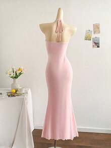 2026 Women's Romantic Gradient Mesh Knit Holiday Dress With Halter Neck, Bow And Decorative Metal Buckle, Mermaid Cut, Suitable For Parties, Dates, Afternoon Tea, Sexy And Elegant - 綠色 - 查看 2