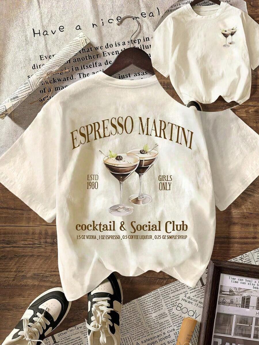 Playeras De Mujer Algodon Playeras De Mujer AlgodonCamiseta De Mujer De Manga Corta Y Cuello Redondo Con GráFico "Espresso Martini Coffee Club", De Estilo Casual Para Verano - Albaricoque - Ver 1