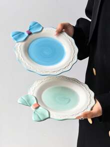 1pc Colorful Bowknot Ceramic Plate, Ins Style Creative Handpainted Embossed Plate, Bowknot Design & Colorful Round Plate, Suitable For Daily Western Dining, Birthday Cake, Snacks, Storage, Dishwasher - Multicolor - View 7
