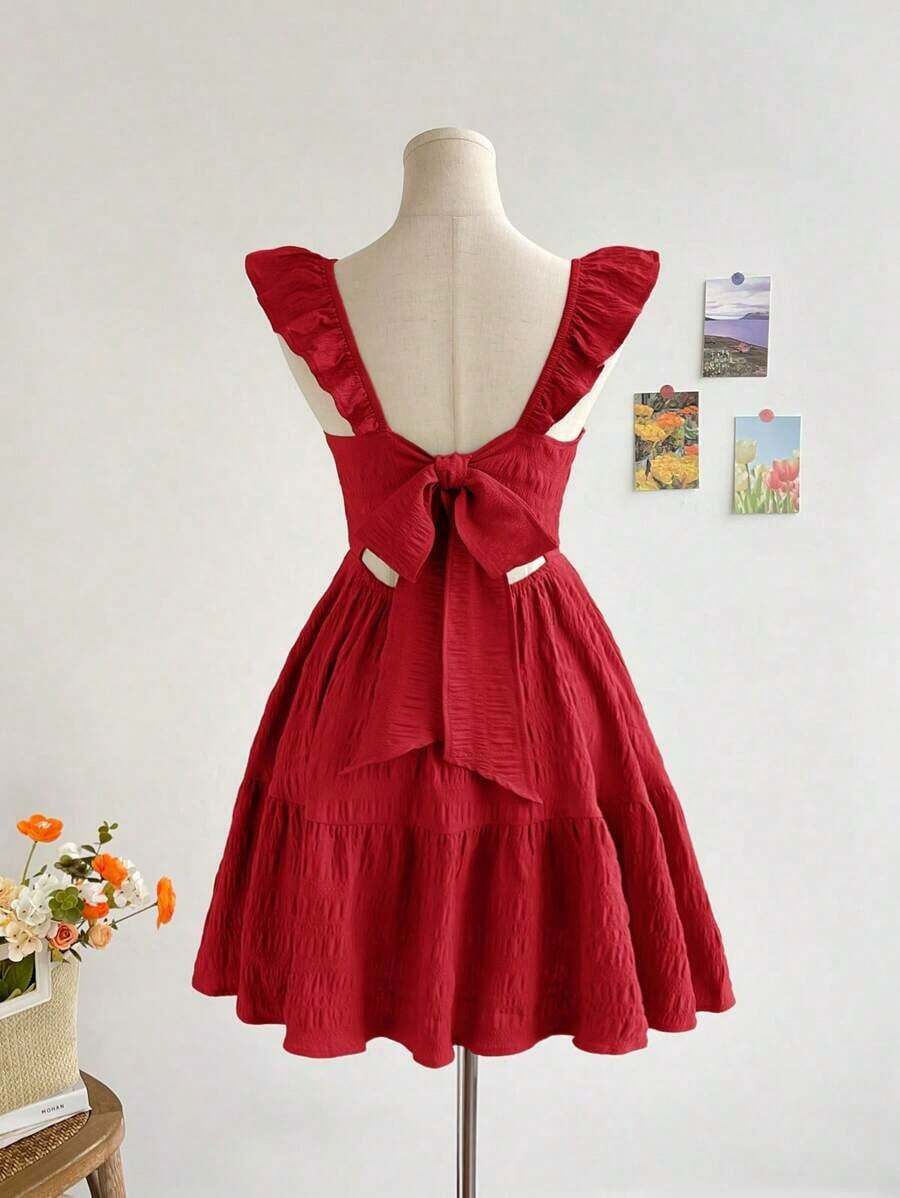 Vestido mini de mujer para vacaciones, de color caqui marrón, con textura de ramitas y hojas, de tela, con mangas de tipo gorro, espalda abierta y cintura con lazo, apto para fiesta, cita, té de la tarde, estilo bohemio, festival de música, carnaval, playa. - Rojo - Ver 1