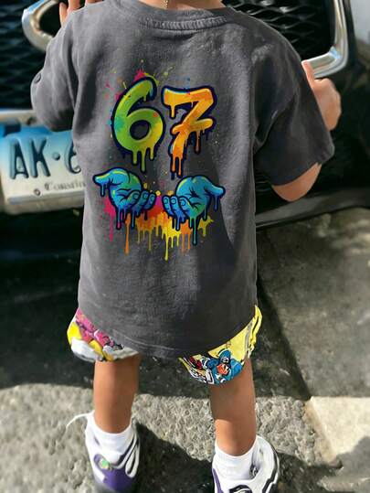 1pc Young Boys' 67 Six Seven Graffiti Print Short Sleeve T-Shirt, Colorful Numeric Graphic Round Neck Casual Streetwear Top