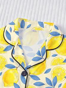 2pcs/Set Tween Girl Lemon Tree Leaf Print Short Sleeve Pajamas, Children's Fashion Short Sleeve Shirt And Ruffle Hem Shorts Set, Lemon And Leaf Print, Suitable For Children And Teenagers Daily, Casual, Vacation Wear - Multicolor - View 3
