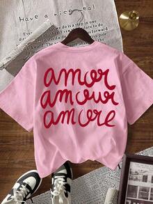 Camiseta de manga corta con cuello redondo y estampado de letras, de uso casual y versátil para uso diario - Rosa Pálido - Ver 6