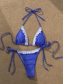 PEPPERMOLLY Bộ bikini chấm bi xanh dương với viền ren trắng, áo tắm hai mảnh buộc dây, đồ bơi dễ thương cho kỳ nghỉ xuân/hè 2023. - Màu xanh lam - Xem 4