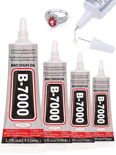 B-7000 水钻珠宝胶，有 15ML/25ML/50ML/110ML 四种规格可选，透明工业级强力胶，配有精细涂抹器，防水耐用，柔韧性好，适用于 DIY 手工艺品，可用于镶嵌珍珠、宝石、水晶和装饰石，适用于珠宝制作和维修，适用于头饰、胸针、耳环和吊坠，也可用于粘合金属、织物、木材、玻璃和手机维修。
