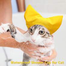 Gorro de ducha para mascotas - Gorro de ducha impermeable para gatos Sphynx, reutilizable, con protección auditiva y correa ajustable, para gatos domésticos, perros pequeños y cachorros, acces - Amarillo - Ver 4