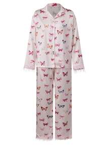 Women's Spring Pajamas Set Print Button Down Lapel V Neck Long Sleeve Tops With Pants Lounge Wear 2 Pcs Set - Pink - View 1