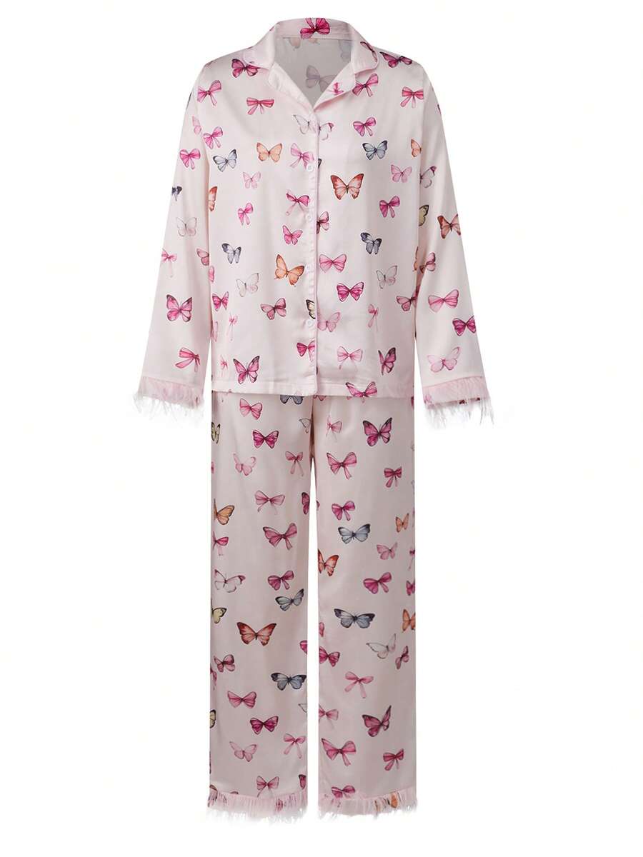 Women's Spring Pajamas Set Print Button Down Lapel V Neck Long Sleeve Tops With Pants Lounge Wear 2 Pcs Set - Pink - View 1