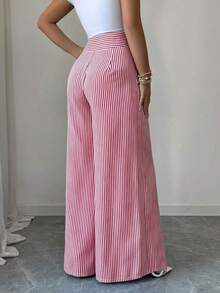 Nuevos pantalones de estilo coreano de primavera/verano, minimalistas y elegantes, de lino a rayas azul y blanco, de cintura alta, estilizadores, de pierna recta y sueltos, informales para mujer - Rojo - Ver 8