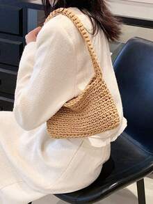 Hand-Woven Seashell Wallet - Crossbody Backpack Style, With Pearl Chain, Bohemian Style Pearl Chain Shoulder Strap, Women's Holiday Beach Accessory - Rose Gold - View 7