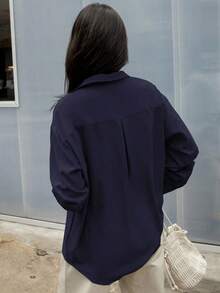 Camisa con botones y hombros caídos, blusa de manga larga para mujer en otoño - Azul marino - Ver 2