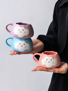 1pc Cute Cloud & Smiling Face Mug, Korean Ins Style Hand-Painted Adorable Ceramic Cup, Cloud Expression & Fashionable Lady Drinking Cup, Fun Cartoon Cute Coffee Mug, Tea Cup, Suitable For Home, Party, Birthday Gift, Souvenir - Multicolor - View 2