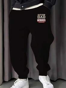 Autistic Dad Plus Size Men's Casual Jogging Pants - Black Geometric Print Sweatpants With Pockets, Washable, Comfortable All Seasons, Comfortable Clothing|Loose-Fit Trousers|Durable Casual Wear, Large Size - 黑色 - 查看 1
