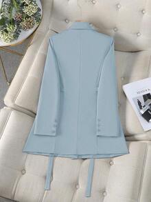 Chaqueta de traje de mujer con doble botonadura y cordones en color marrón, abrigo delgado y de longitud media para ir al trabajo, tela suave y elegante, prenda exterior casual elegante para mujeres de 25 a 45 años en primavera - Celeste - Ver 5